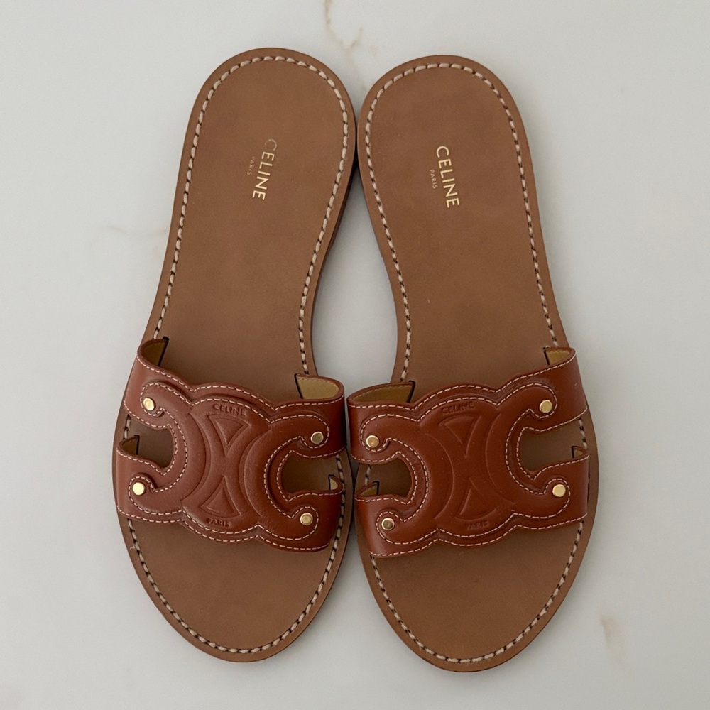 Celine Tan Triomphe Mule Sandals with Gold Details EU 39 - Picture 2 of 8